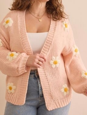 NWOT Arula Clare Knit 3D Flower Pink Chunky Cable Knit Crochet Cardigan 0X